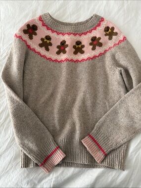 Mini Boden Taupe Crewneck Sweater with Pink Fair Isle Yoke